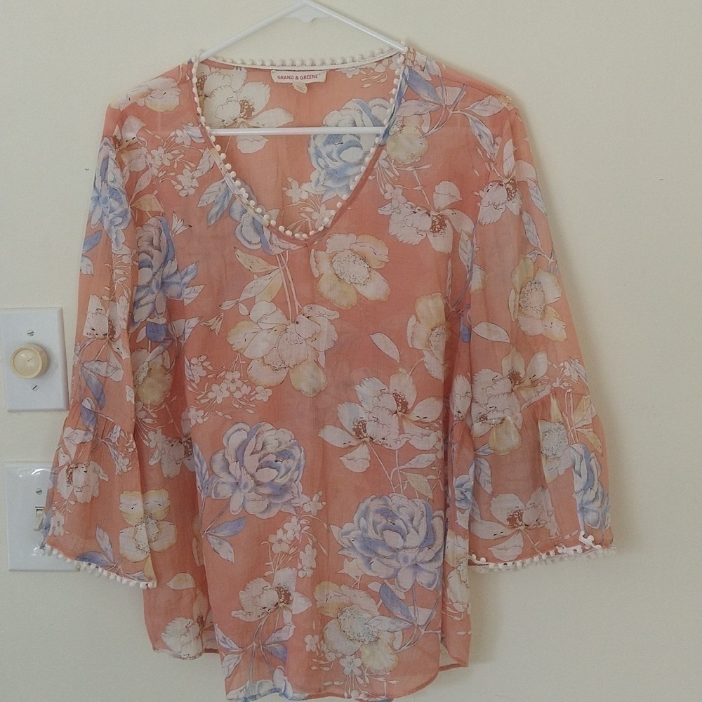 Grand & Greene women's casual floral top xl salmon blue cottagecore beachy